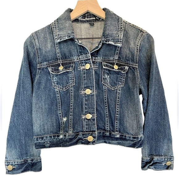 American Eagle Outfitters Jackets & Blazers - AMERICAN EAGLE Cropped Denim Jacket Medium Wash Women's Size M Distressed Jean